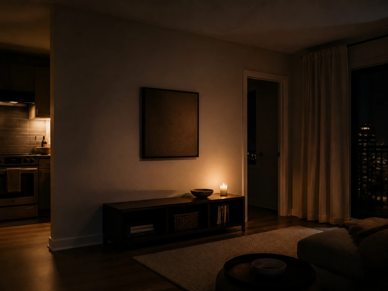 Framed wall object mounted above a low console away from a doorway and curtain