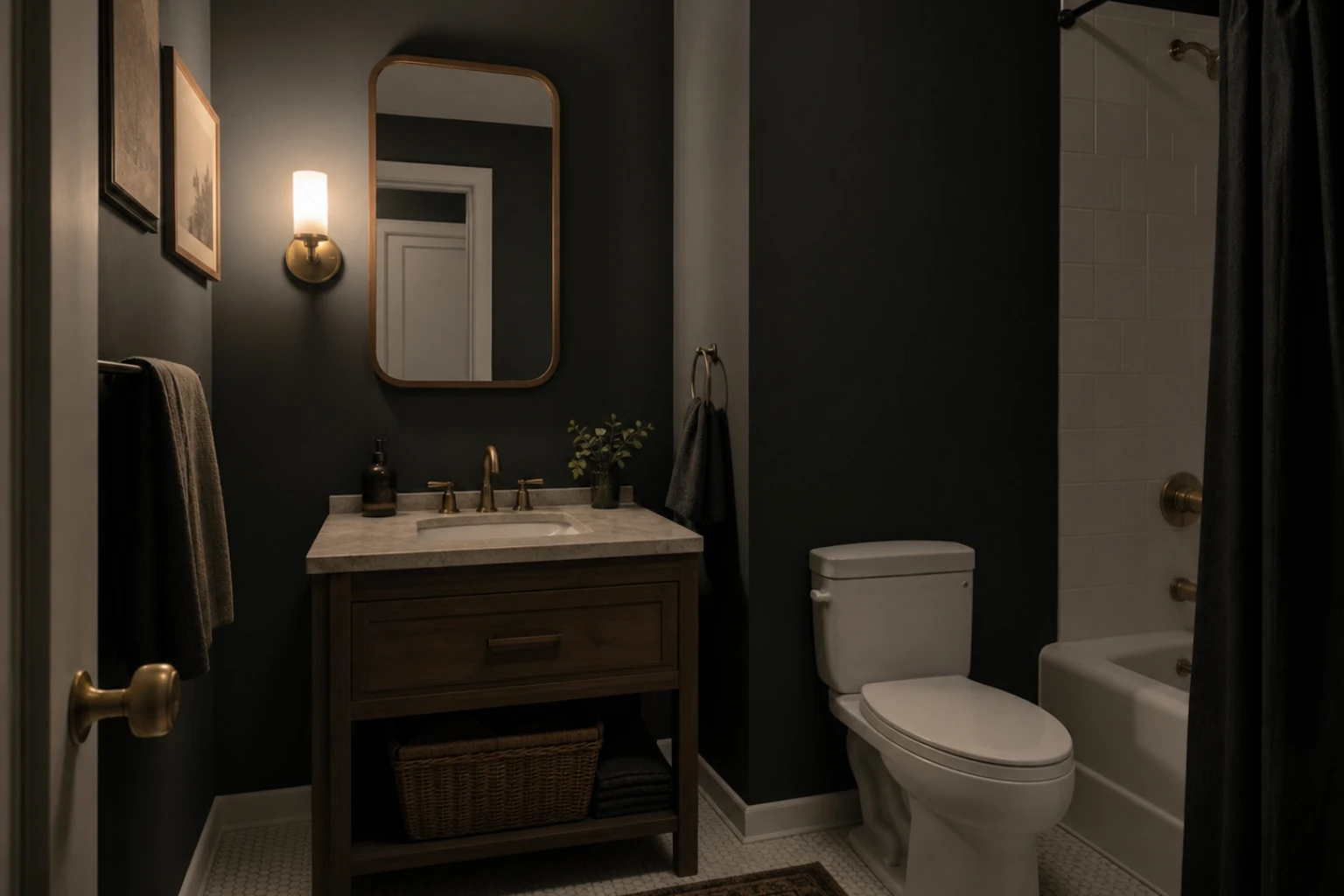 Small rental bathroom with deep charcoal walls and warm sconce lighting