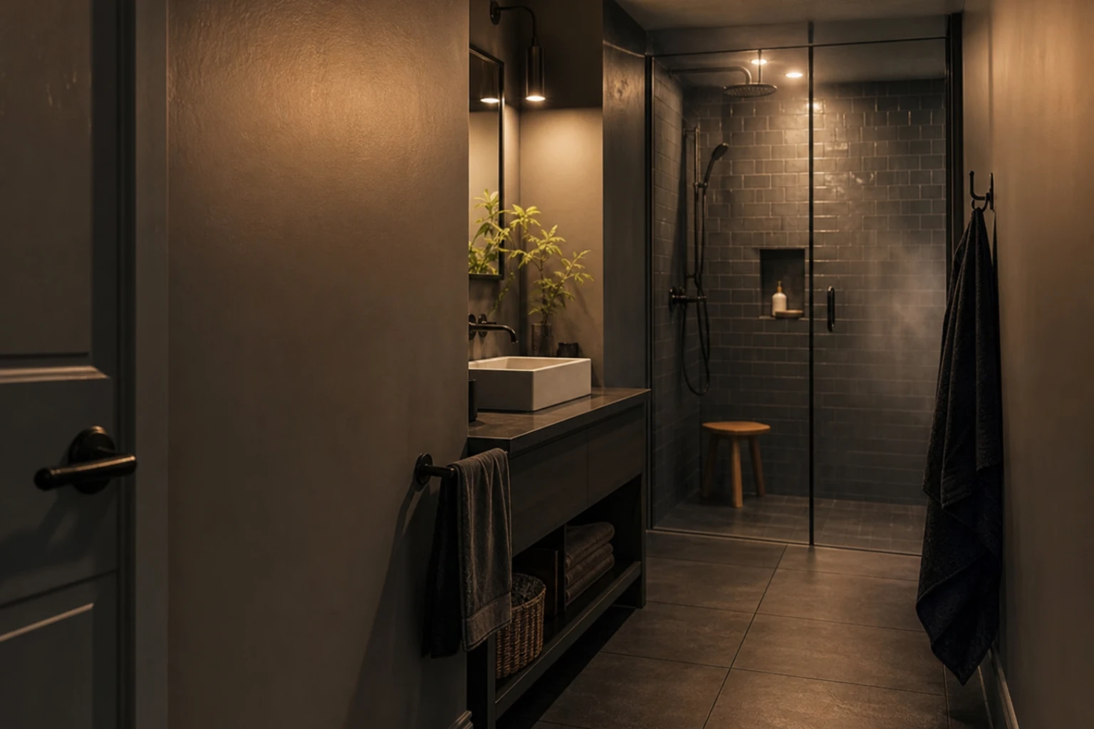 Bathroom wall areas at different distances from a shower shown in warm light