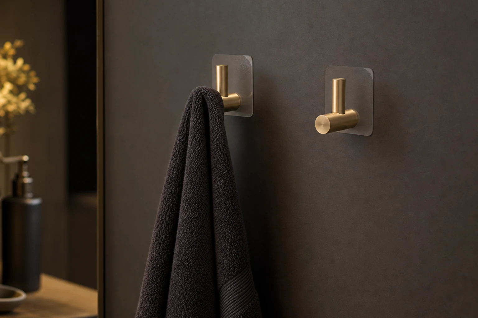 Two warm-metal towel hooks on a dark bathroom wall holding a folded towel