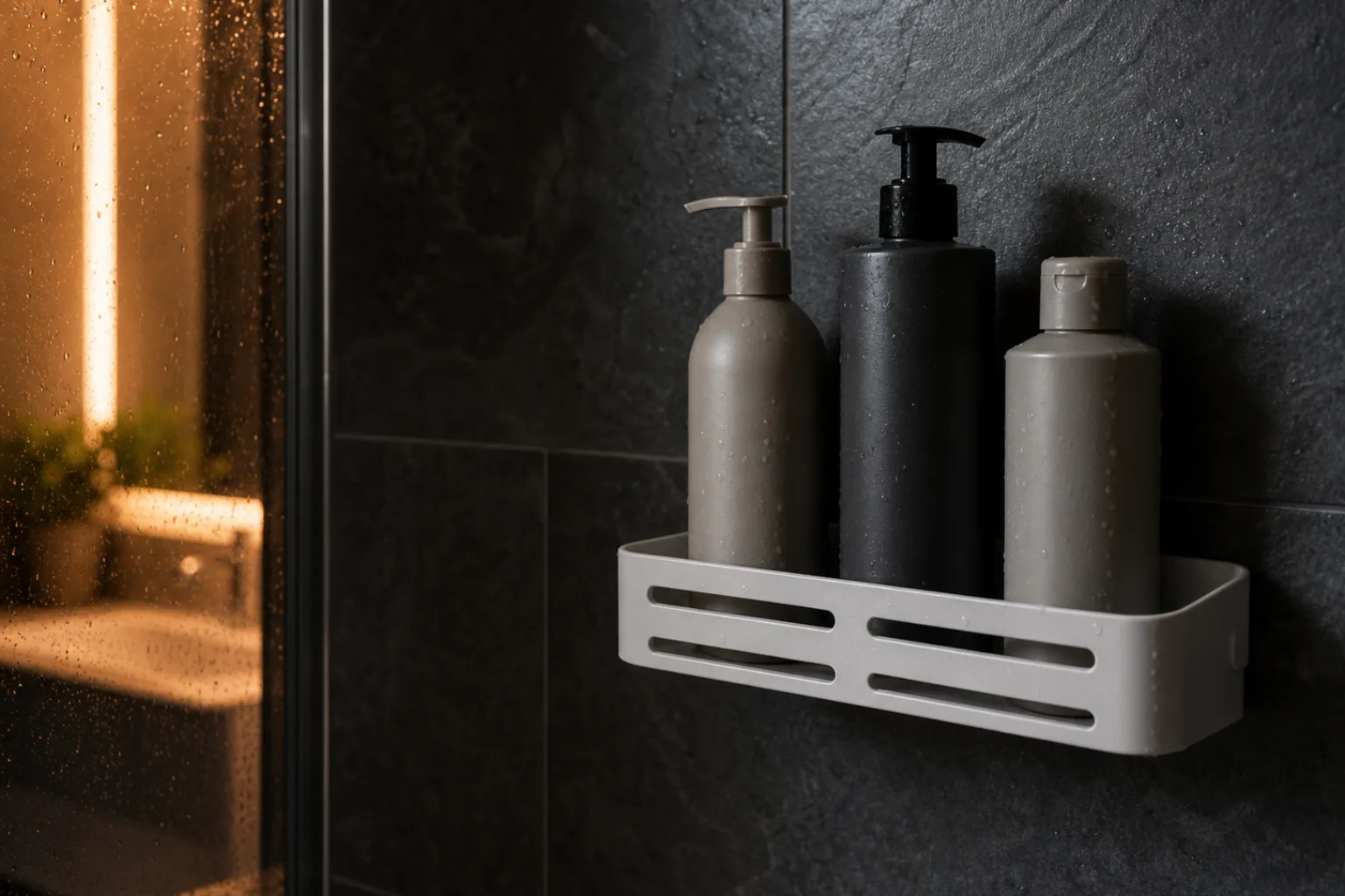 Adhesive shower caddy holding bottles inside a dark tiled shower