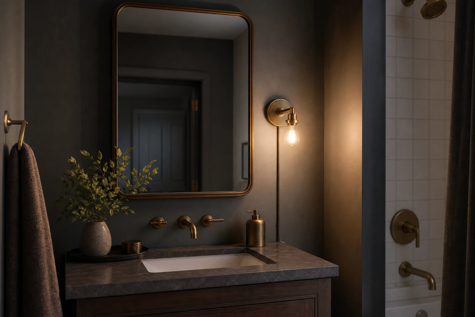 Warm low light beside a mirror in a moody rental bathroom