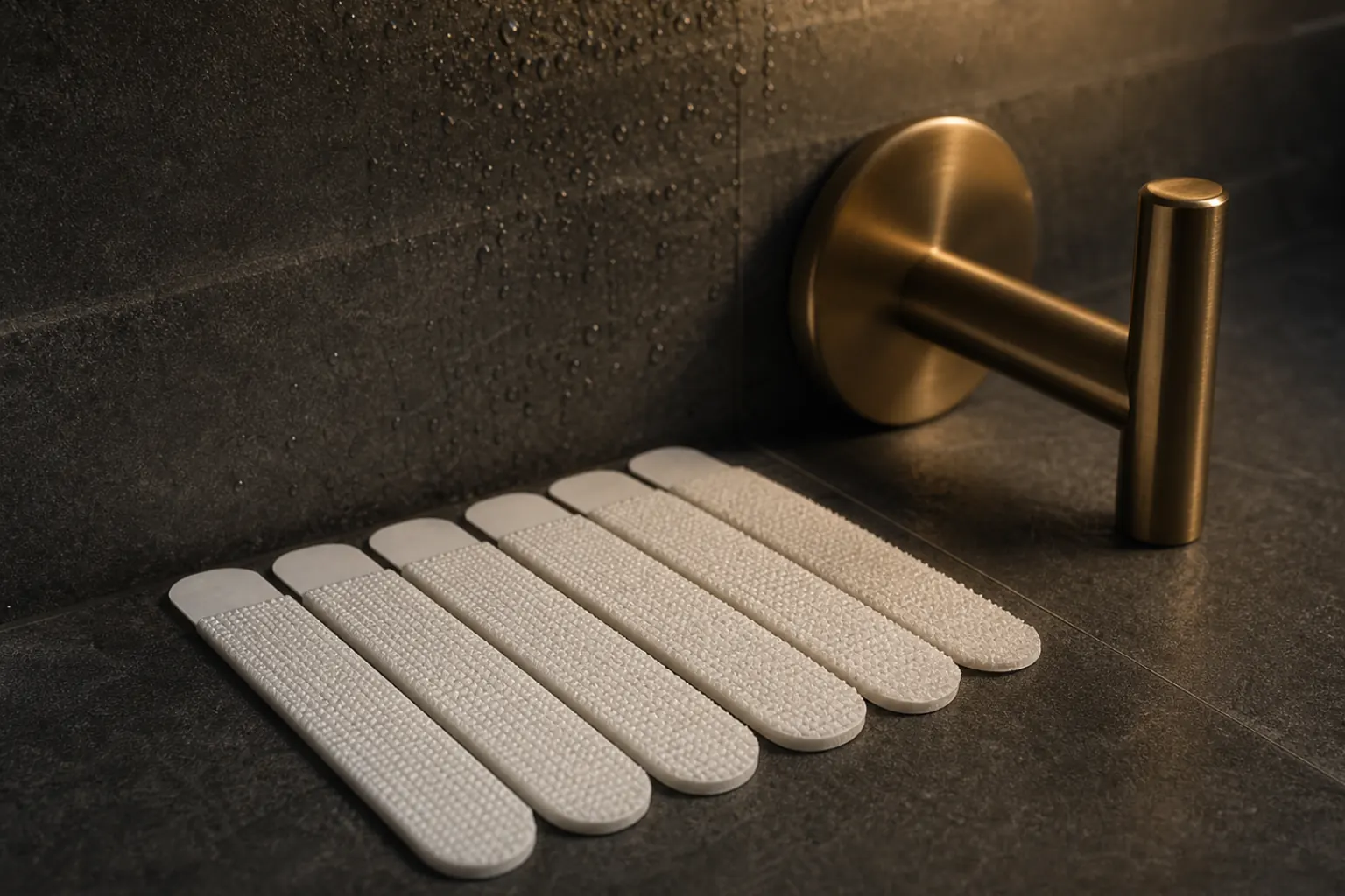 Water-resistant adhesive strips beside a bathroom hook on dark tile