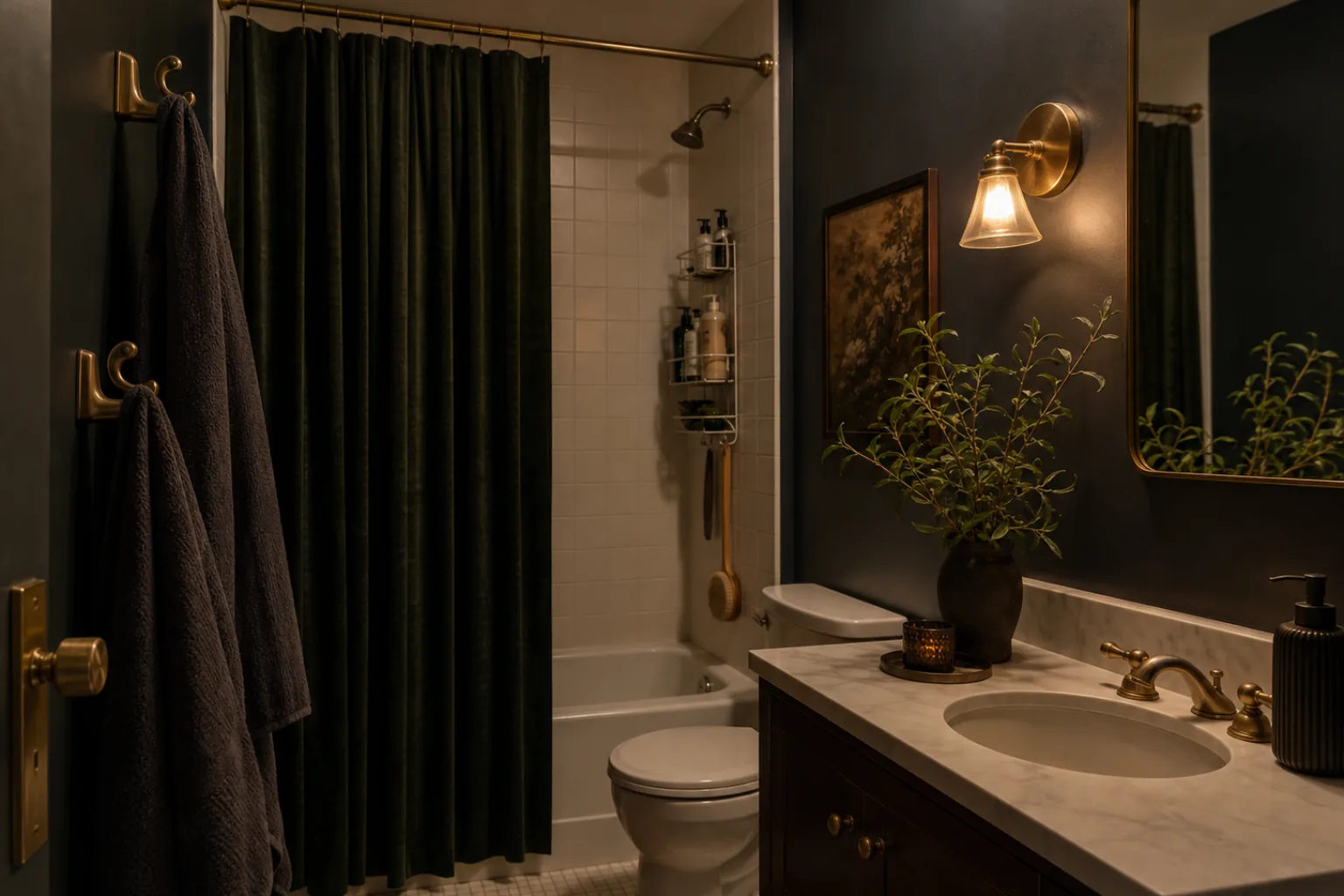 Finished dark rental bathroom with warm light rated hooks and deep textiles