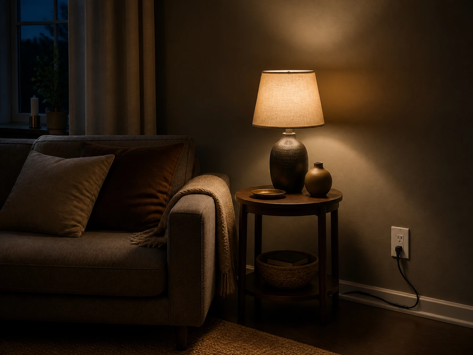 Warm dimmable table lamp beside a compact sofa in a rental apartment