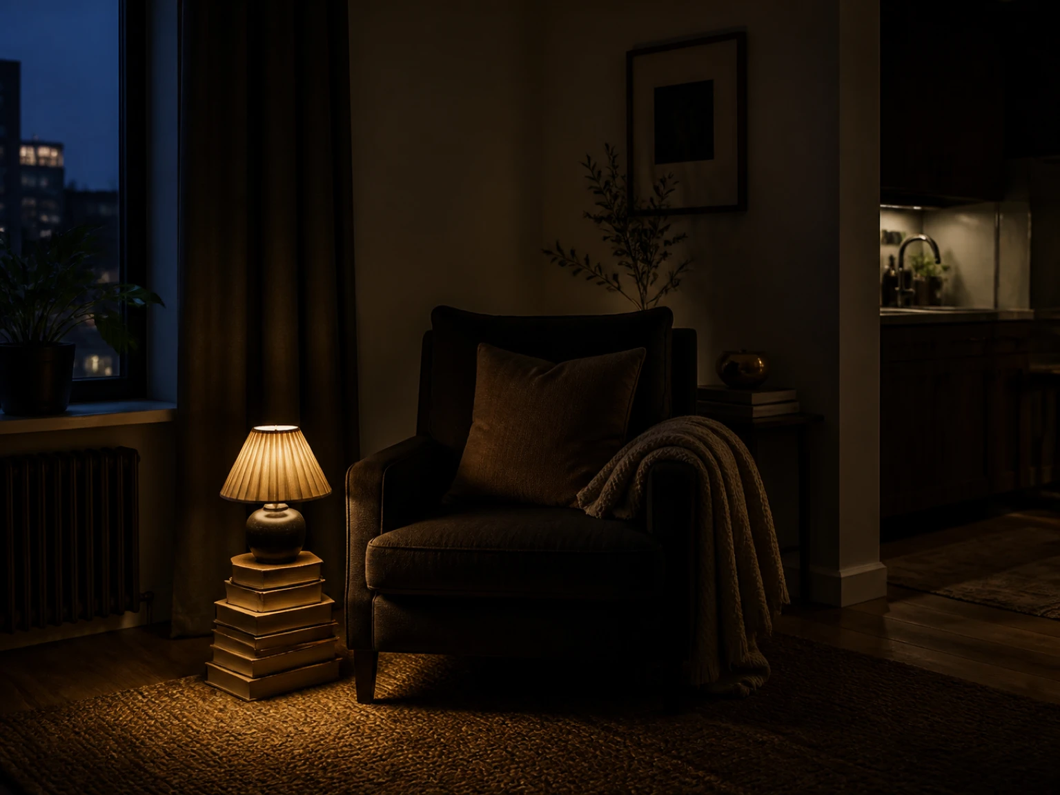 Low table lamp lighting an autumn reading corner below eye level