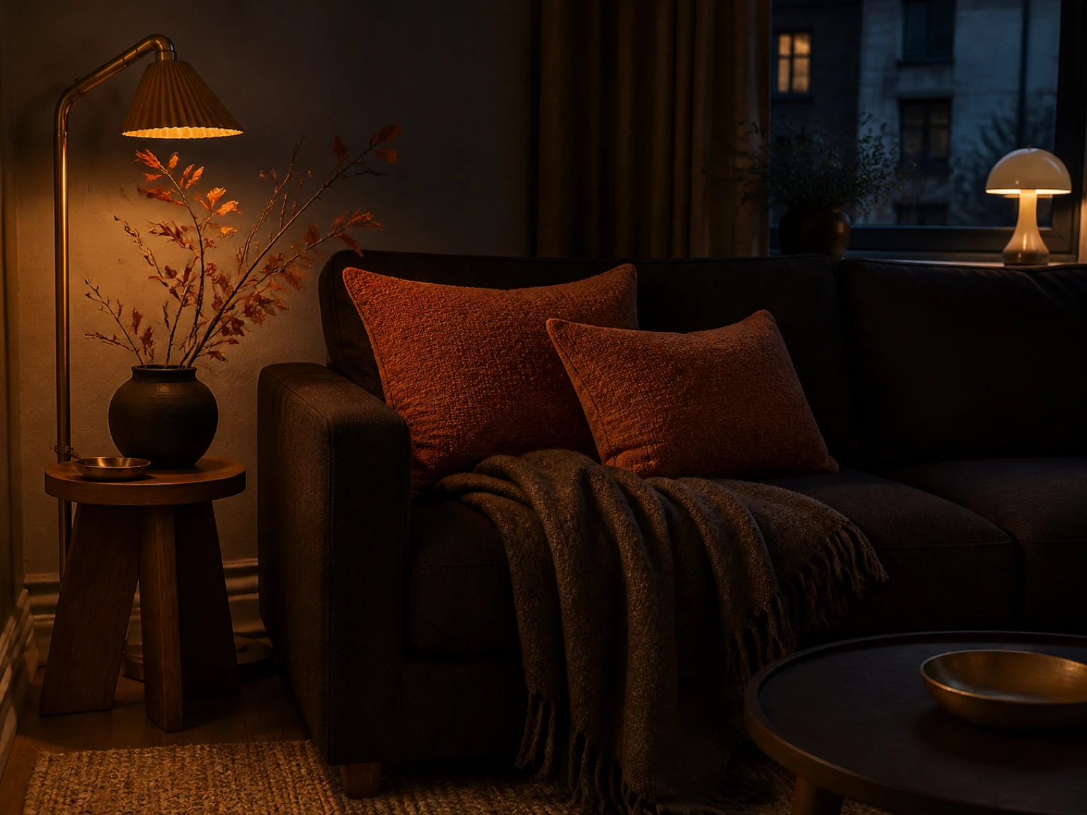 Rust pillow covers and a textured brown throw on a small dark sofa