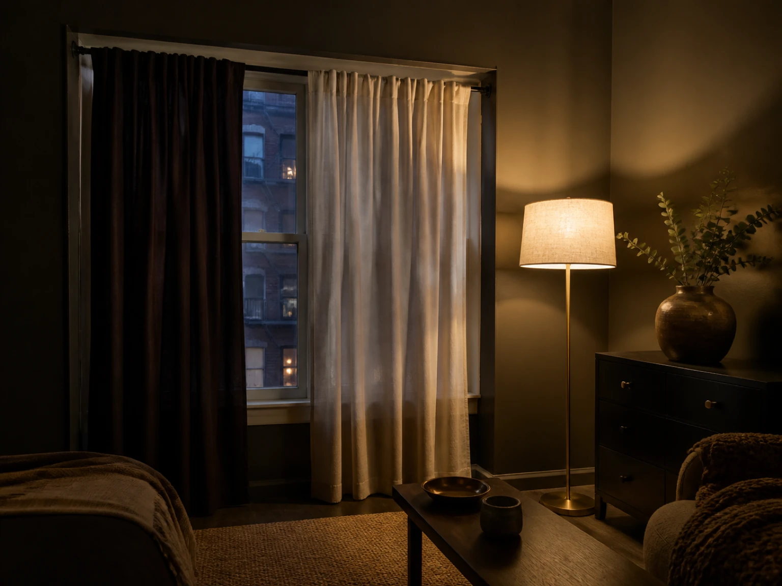 Rental window with layered dark curtains beside a warm floor lamp