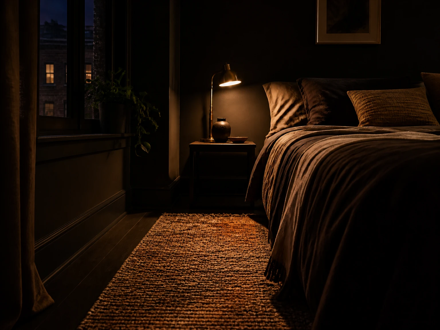 Textured autumn-toned rug beside a bed in a compact rental bedroom
