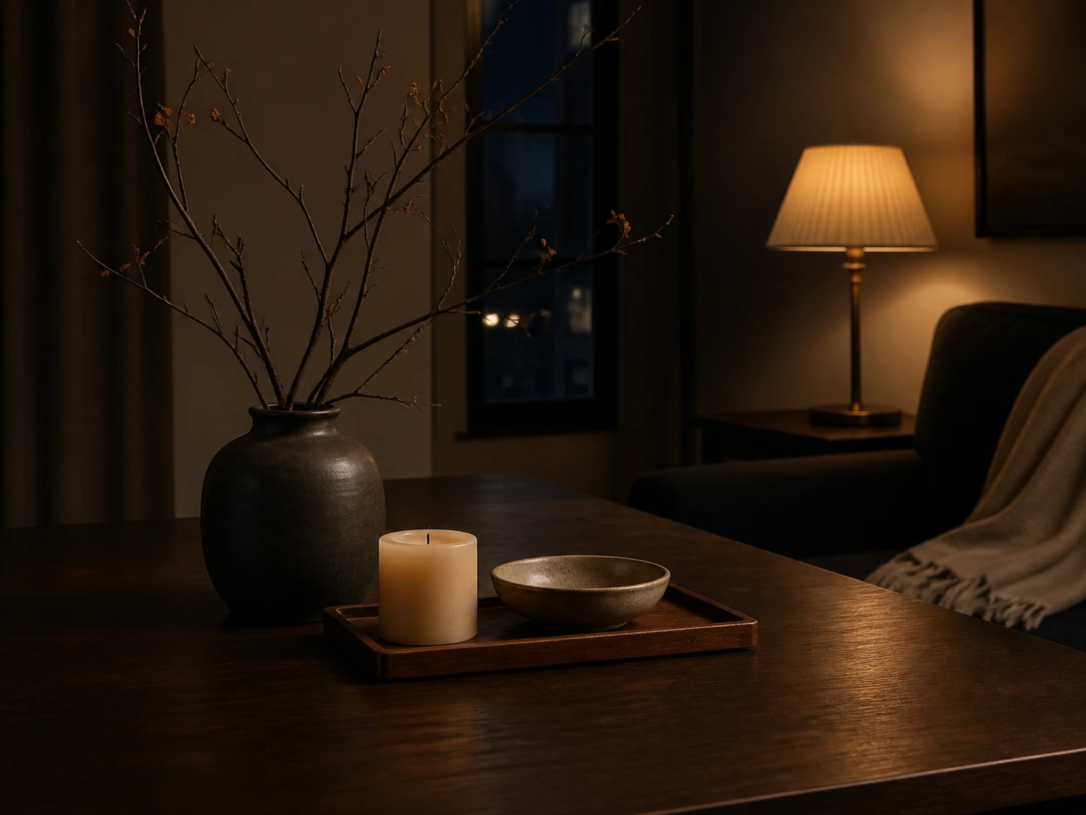 Autumn branch in a dark vase beside a wood tray with a candle and bowl