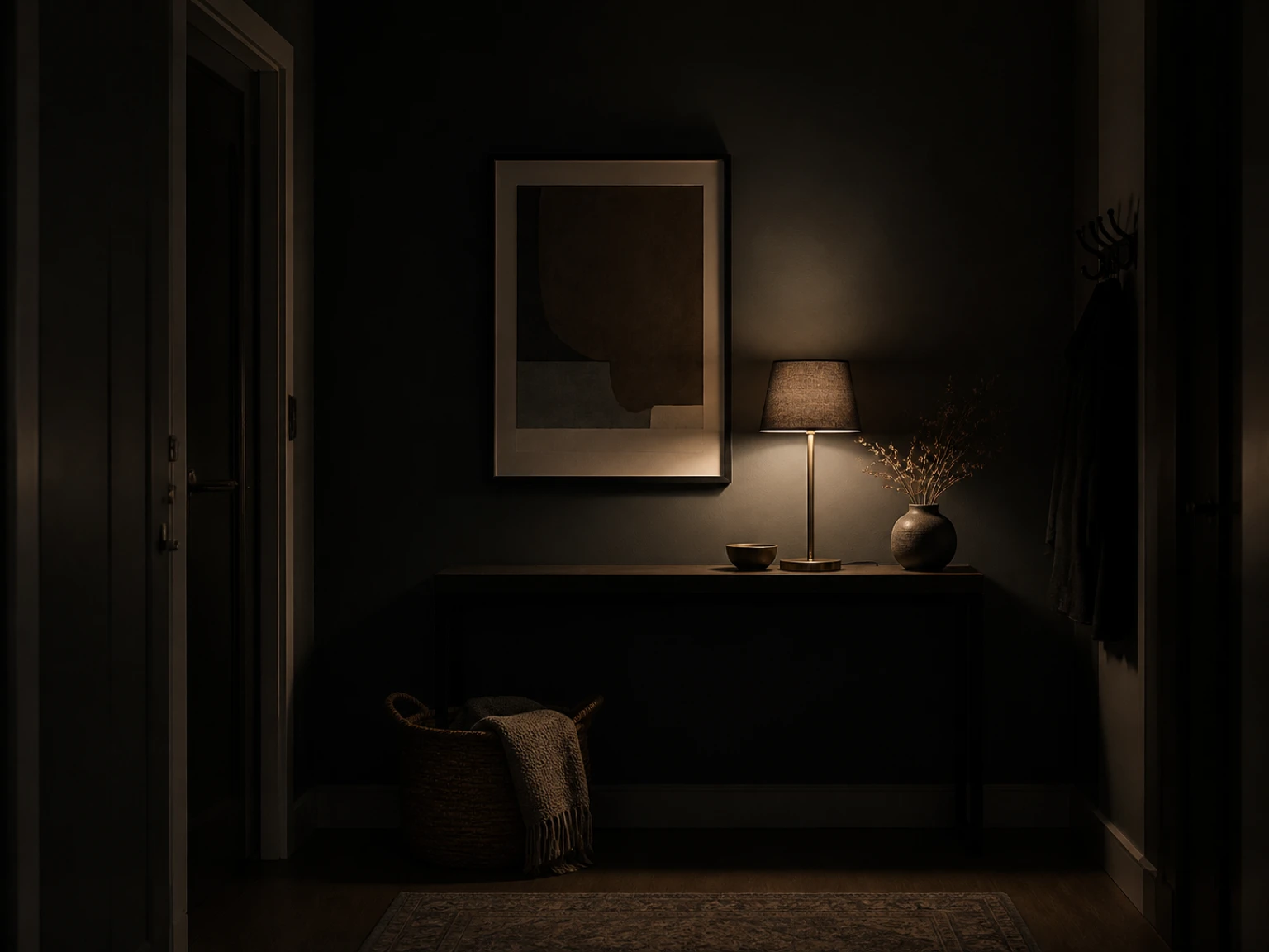 Small apartment entry with a framed fall print, warm lamp, and useful basket