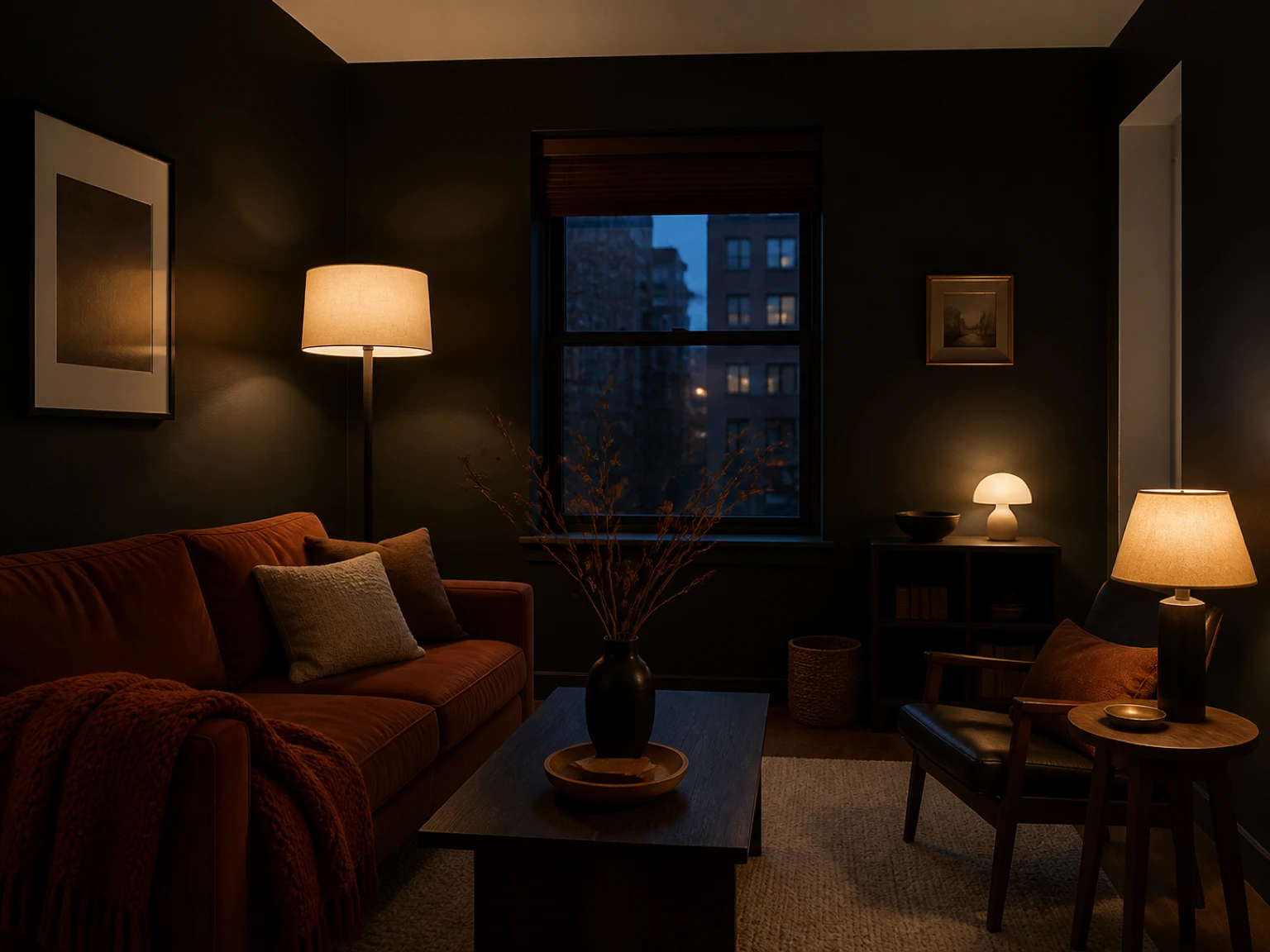Finished small rental at night with warm layered light and restrained fall decor