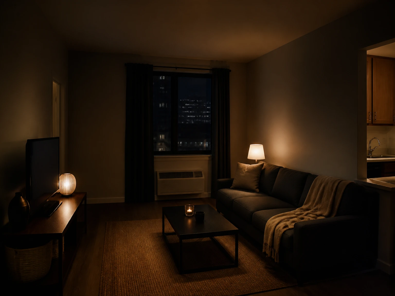 Compact dark living room with warm floor and table lamps creating separate pools of light