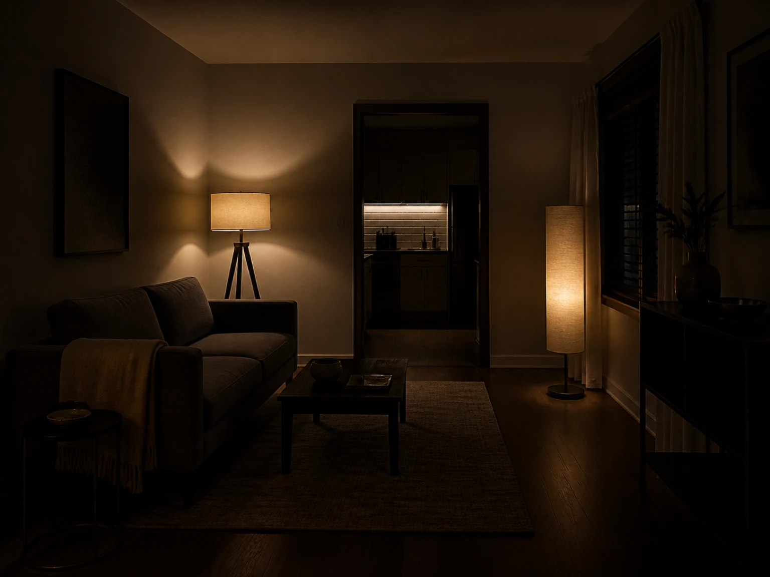 Several modern floor lamps casting different warm light patterns across a compact room