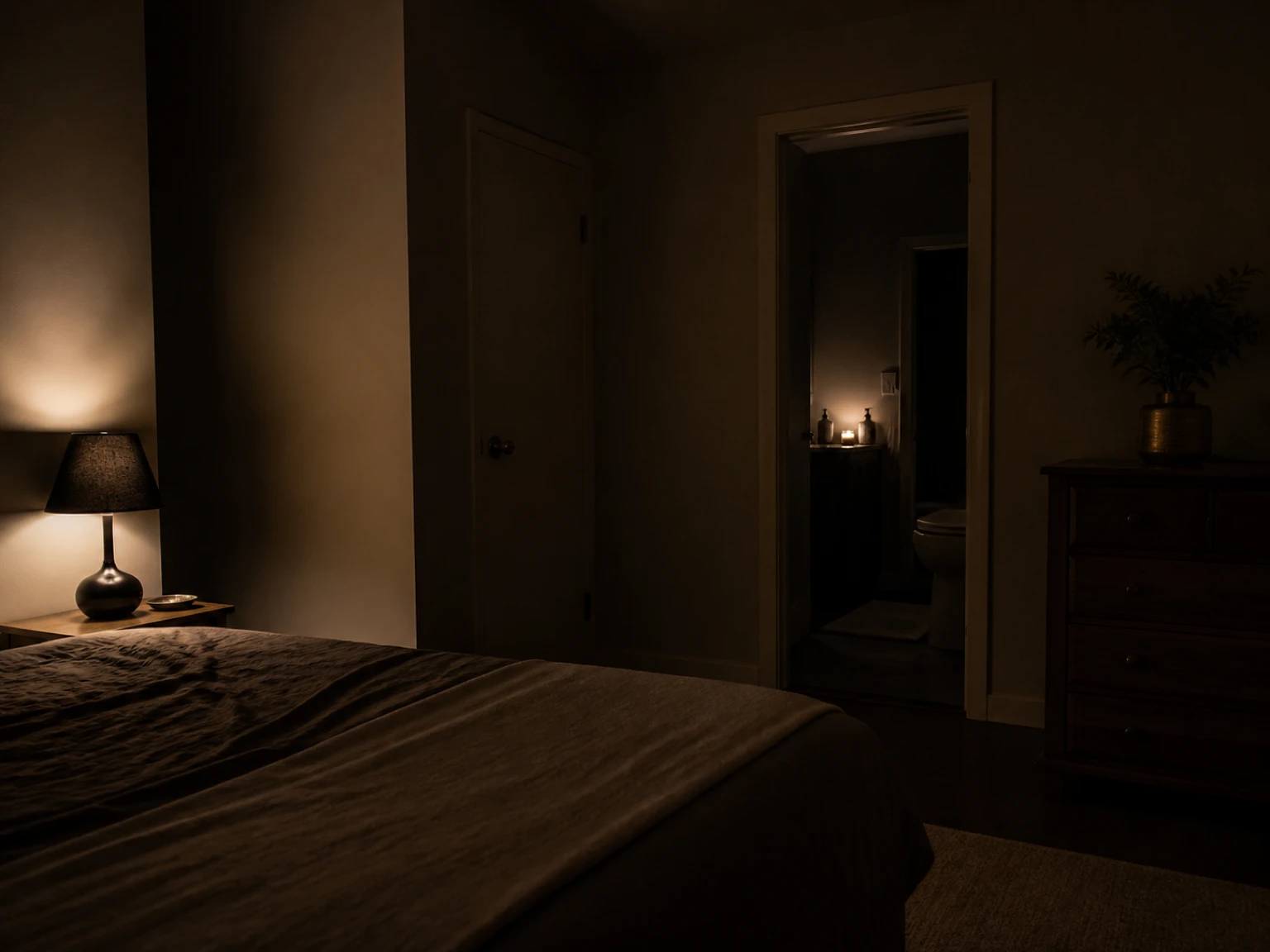 Warm smart bulb dimmed low inside a shaded bedside lamp in a small dark bedroom
