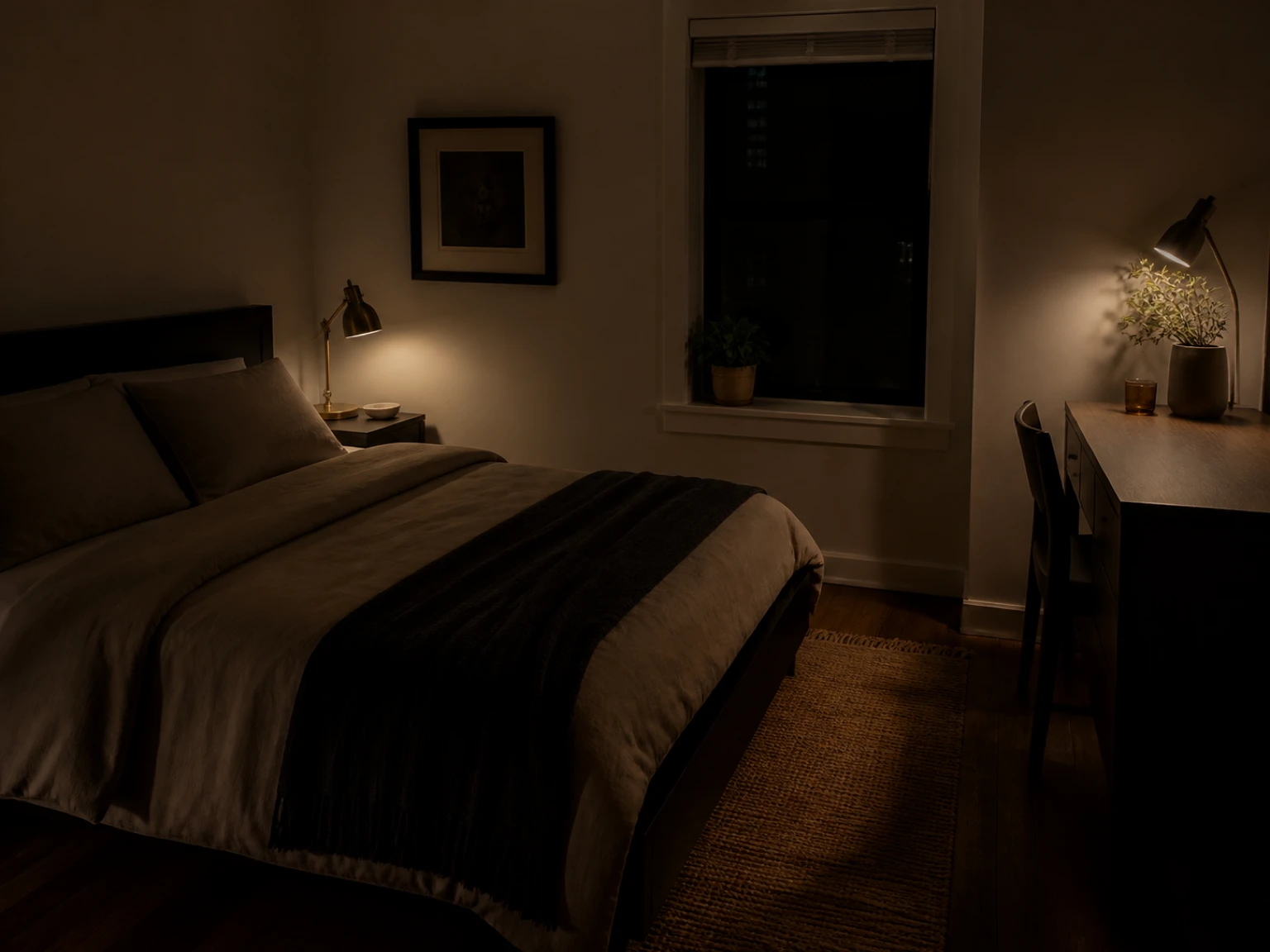 Small bedroom with warm white lamps lighting dark wood, cream fabric, and a painted wall