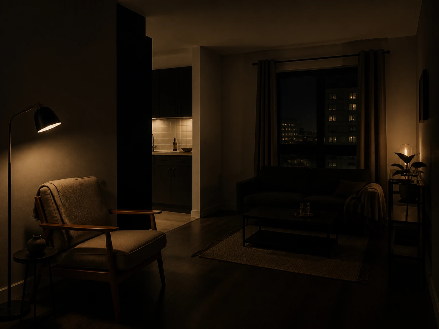 Shaded floor lamp creating a warm pool around a reading chair in a compact living room