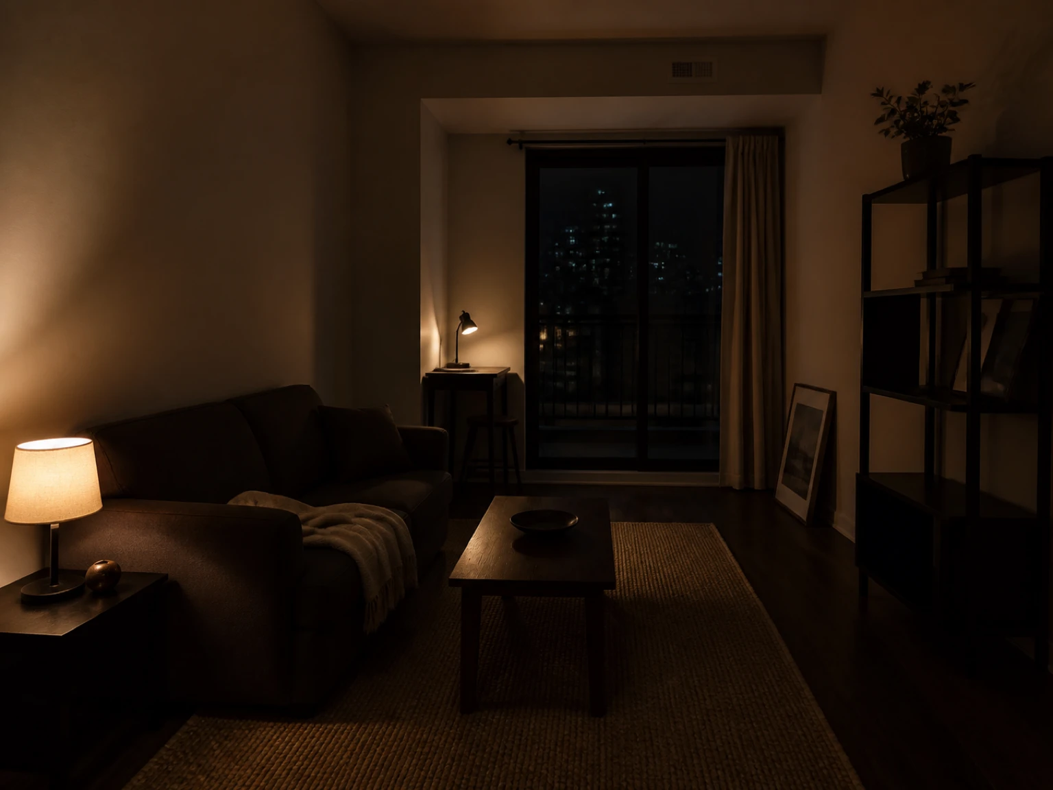 Compact rental room with a shaded table lamp and soft warm light washing a matte wall