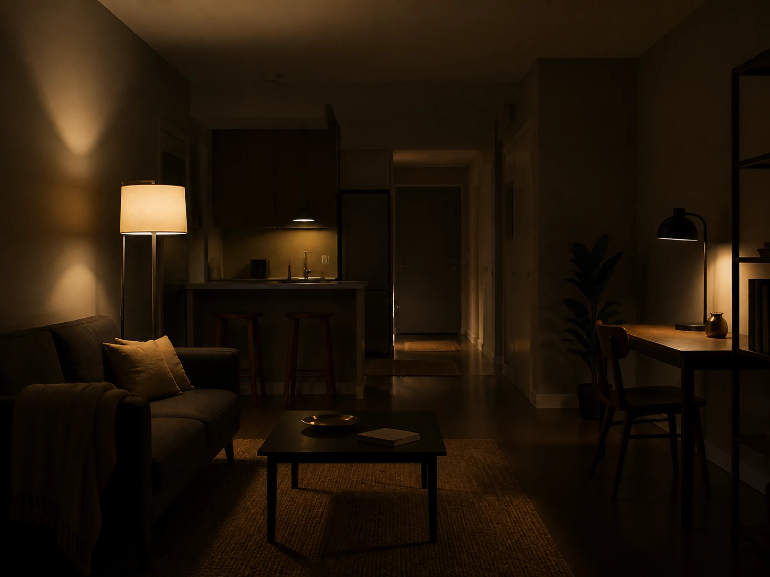 Modern floor lamps arranged in a dark compact room with varied warm pools and soft wall light