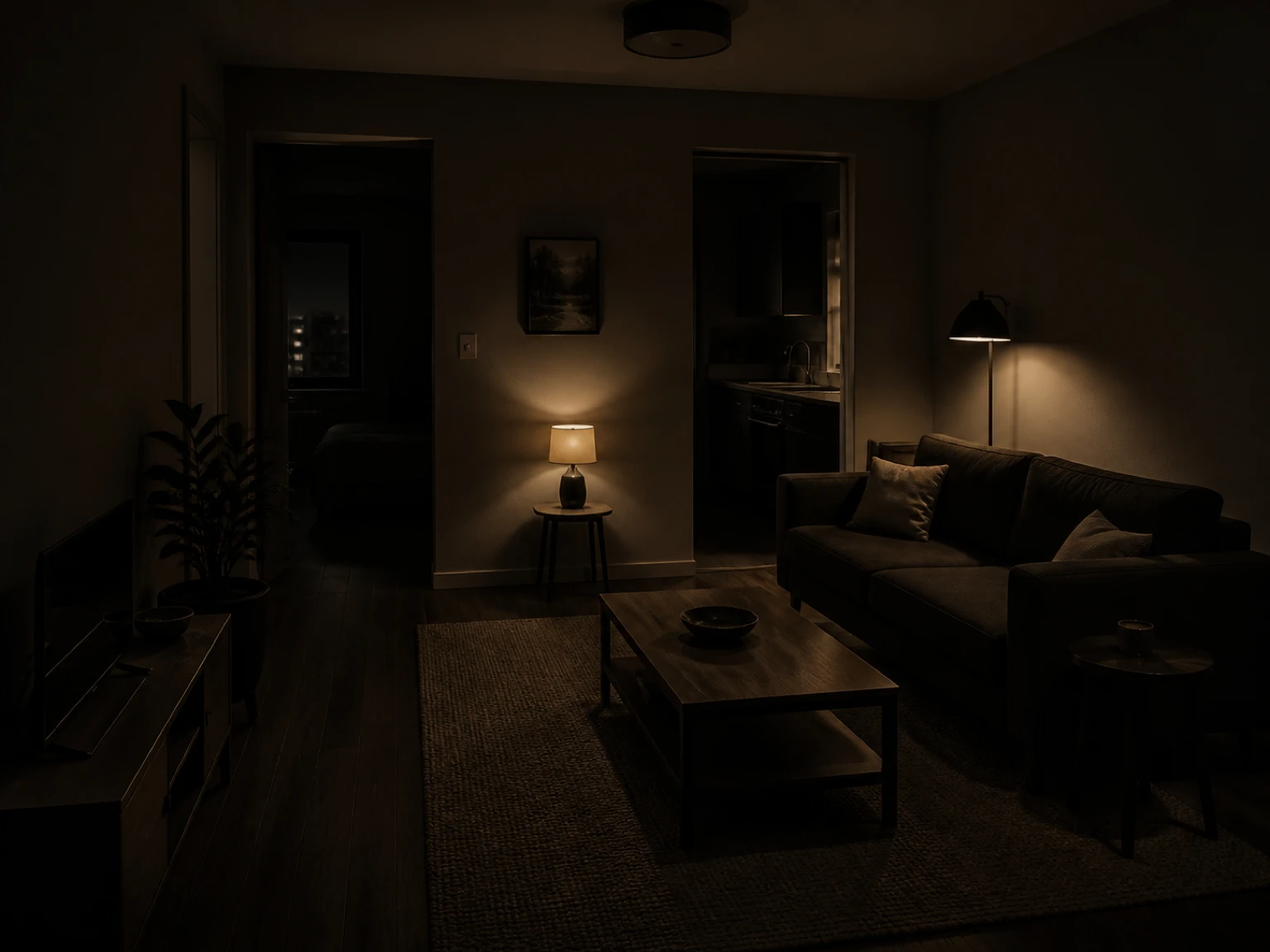 Dark small living room with floor and table lamps set low around seating and a wall