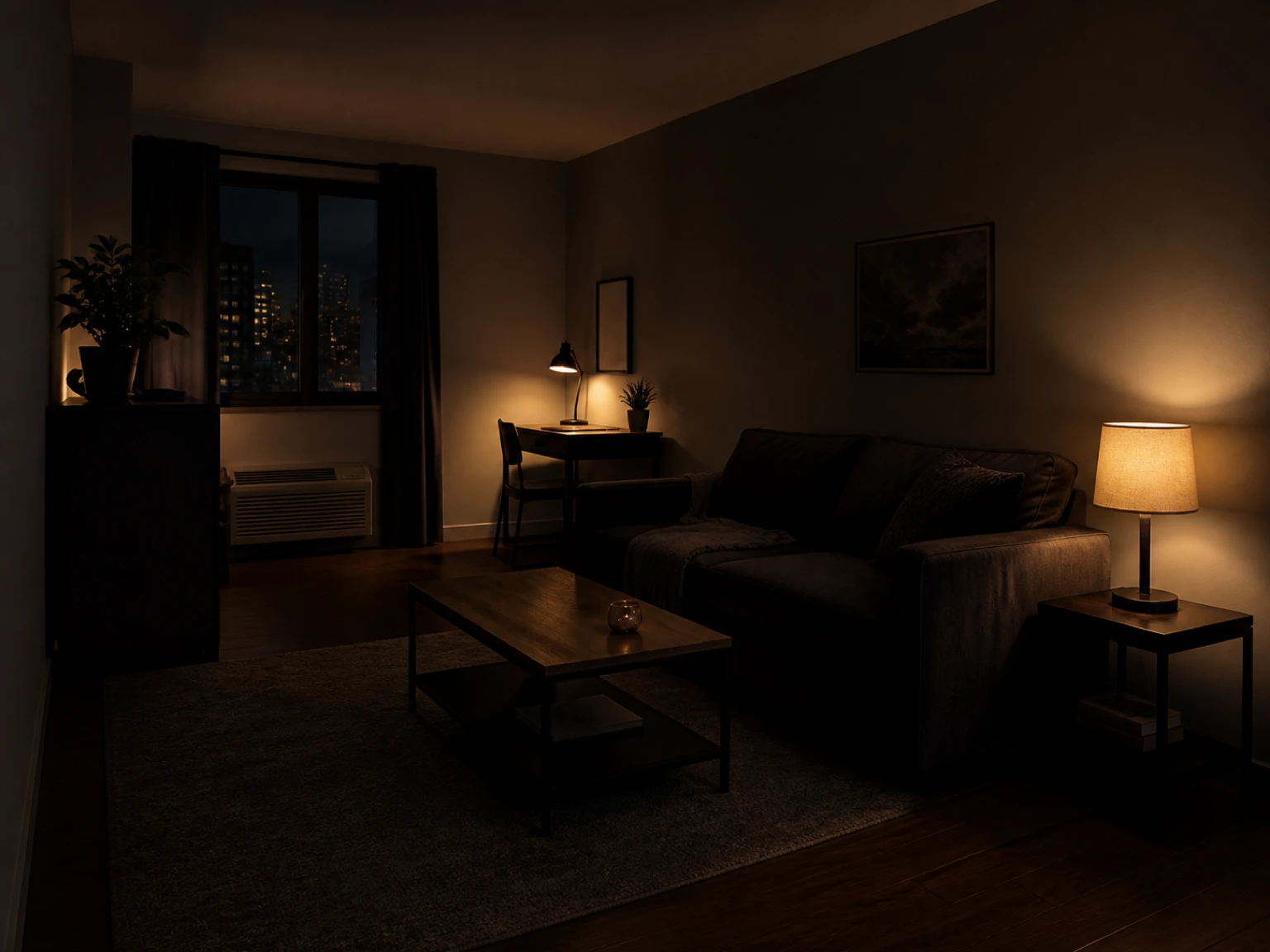 Finished compact rental room with warm low floor and table lamps around dark furniture