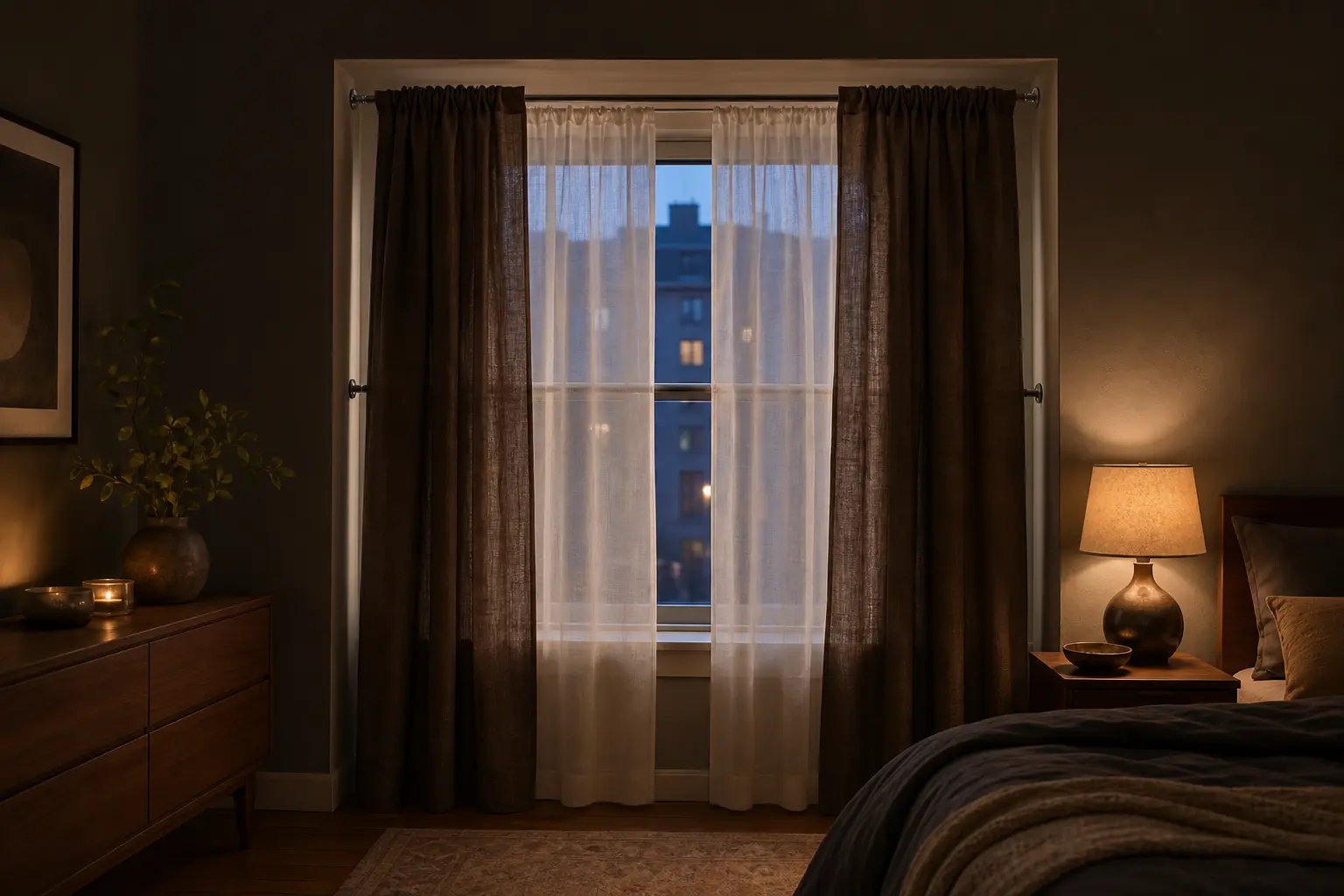 Layered sheer and dark linen-look curtains on a no-drill double rod in a rental bedroom