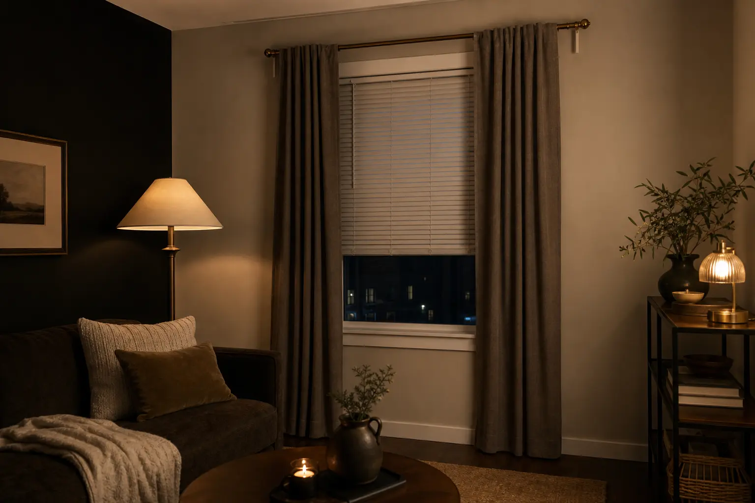 Stationary renter curtain panels framing an existing blind with removable wall hooks