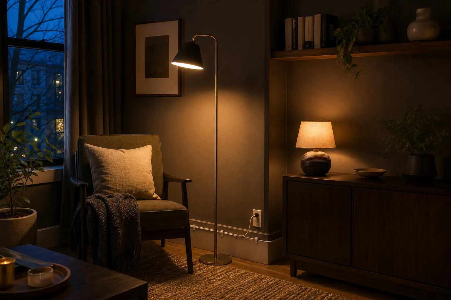 Small rental corner with a floor lamp table lamp and tidy baseboard cord routing
