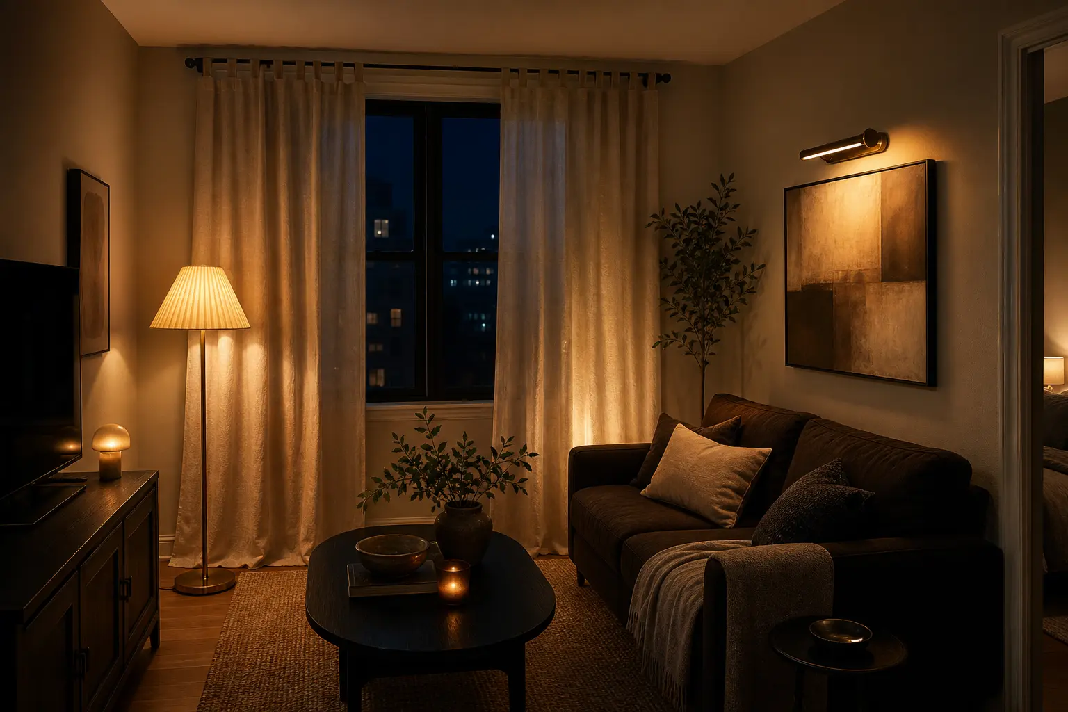 Finished small rental room at night with softly lit curtains and damage-free lighting