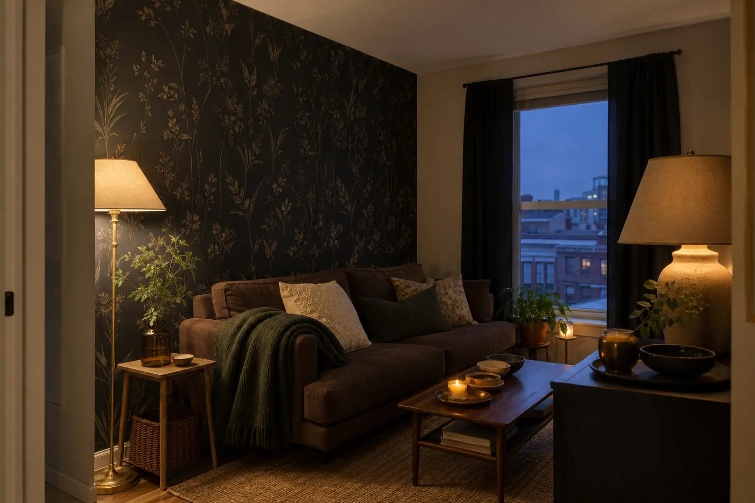Dark cozy rental living room with one restrained peel-and-stick accent surface