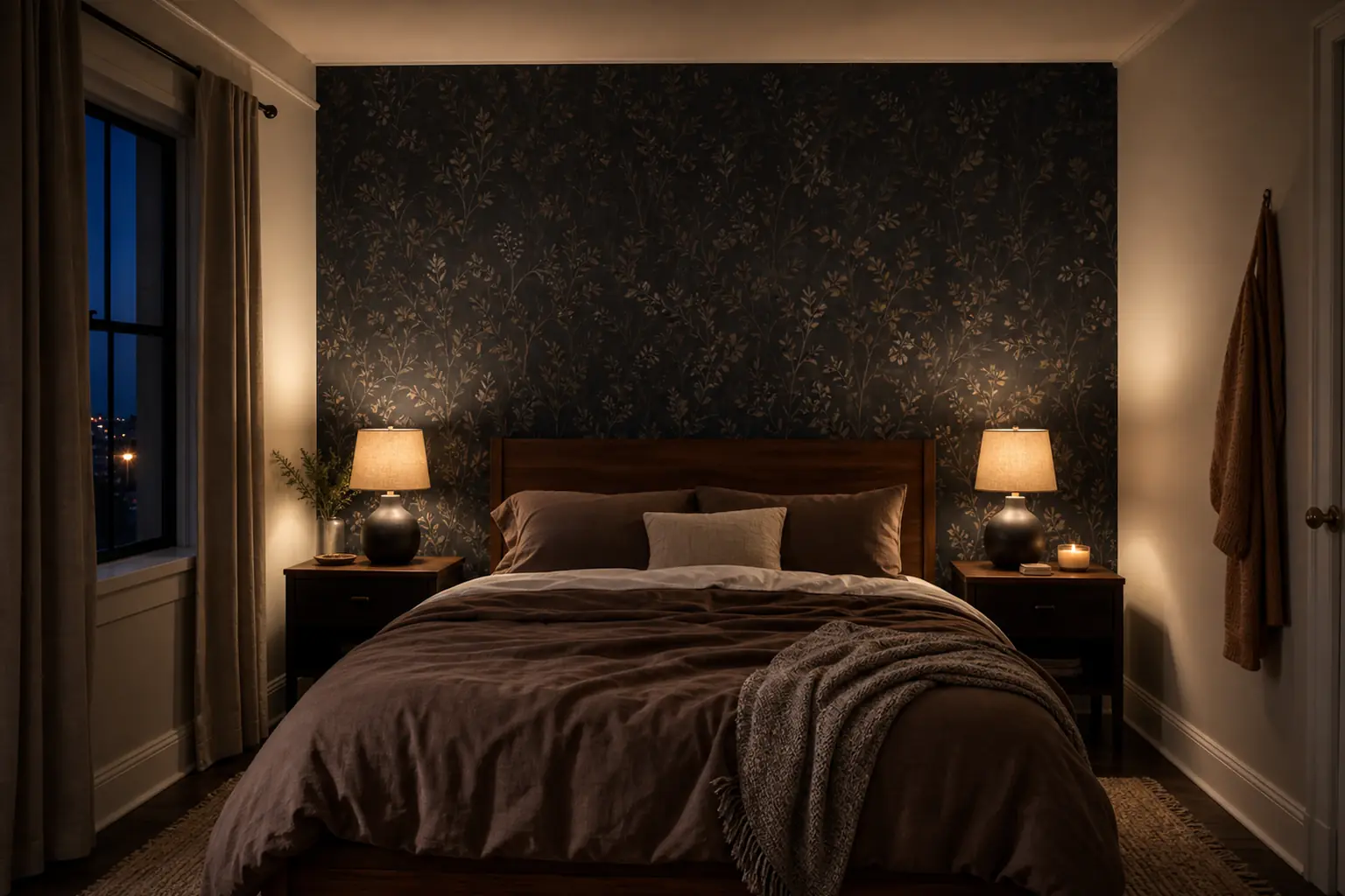 Small renter bedroom with matte charcoal botanical peel-and-stick wallpaper behind the bed