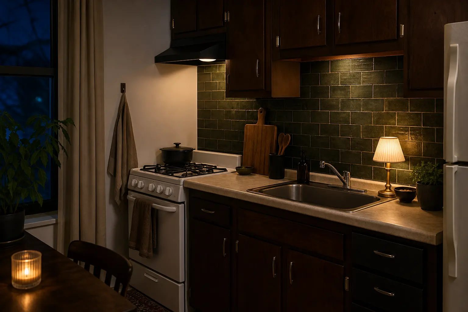 Small dark rental kitchen with dimensional peel-and-stick tile backsplash and warm counter lamp