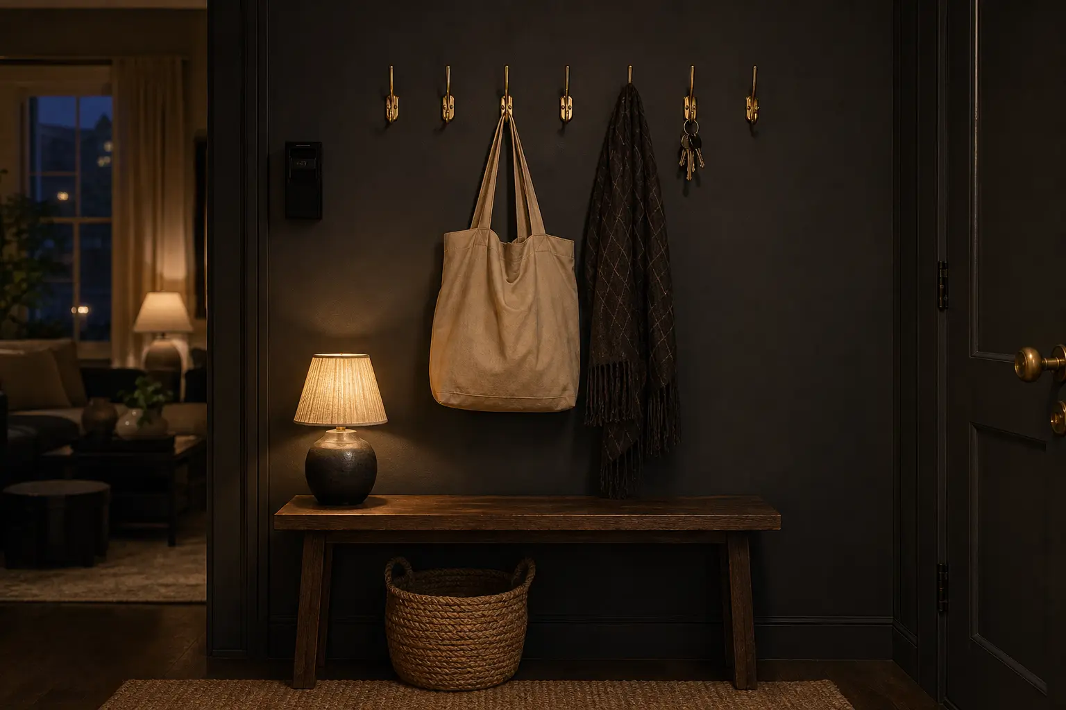 Dark rental entryway with a neat row of removable brass-tone hooks and lightweight bags
