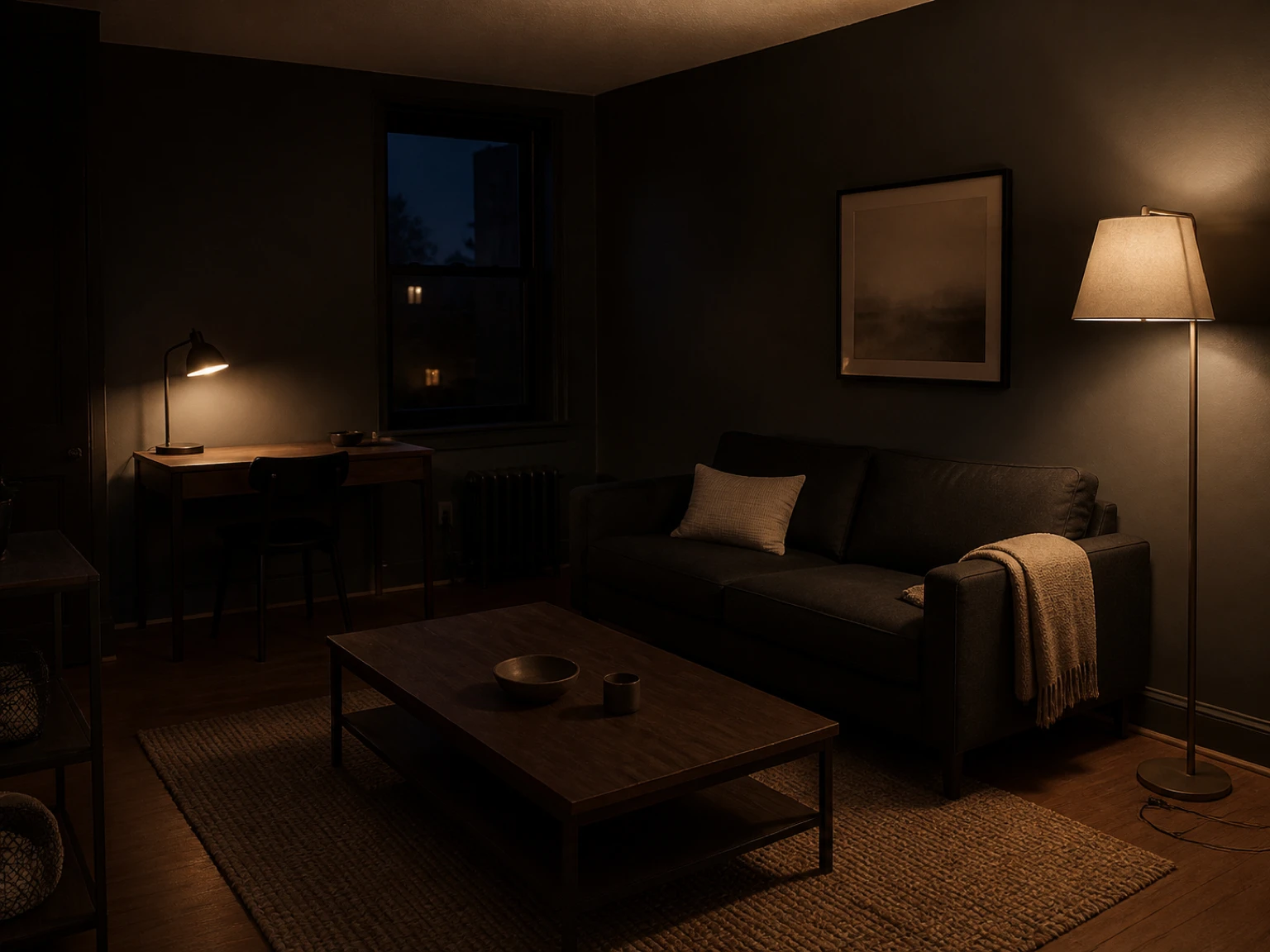 Warm rental living room with a sofa lamp, desk lamp, and floor lamp before cords are connected