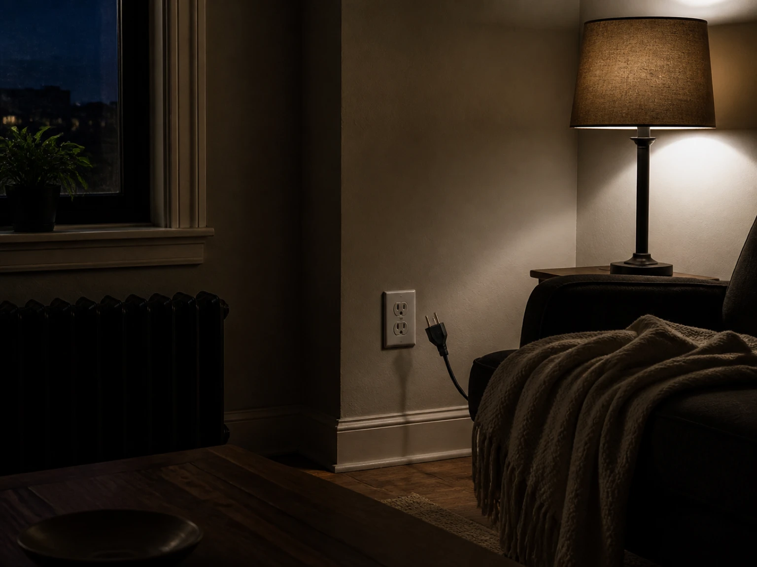Renter comparing a grounded lamp plug with a compatible wall outlet before connection