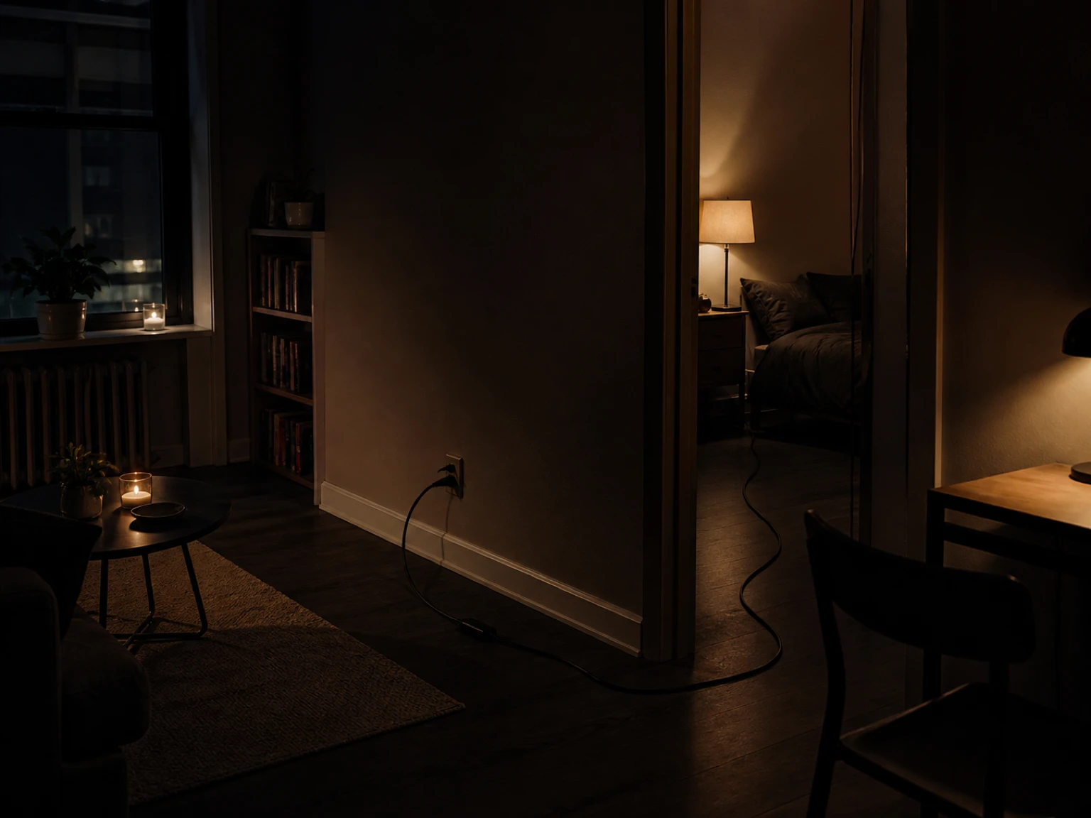 Temporary extension cord serving a lamp with the full route visible in a rental room