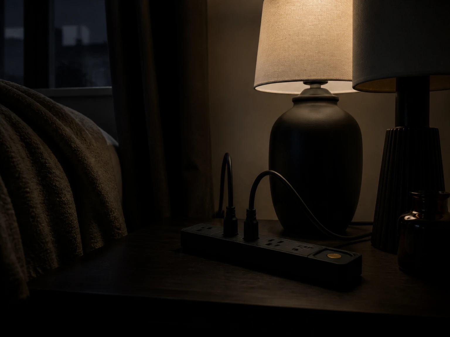 Close view of a temporary power strip label beside lamp plugs awaiting connection