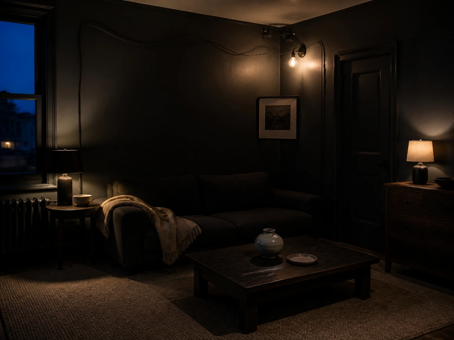 Renter following each lamp cord toward visible wall connections in a finished room
