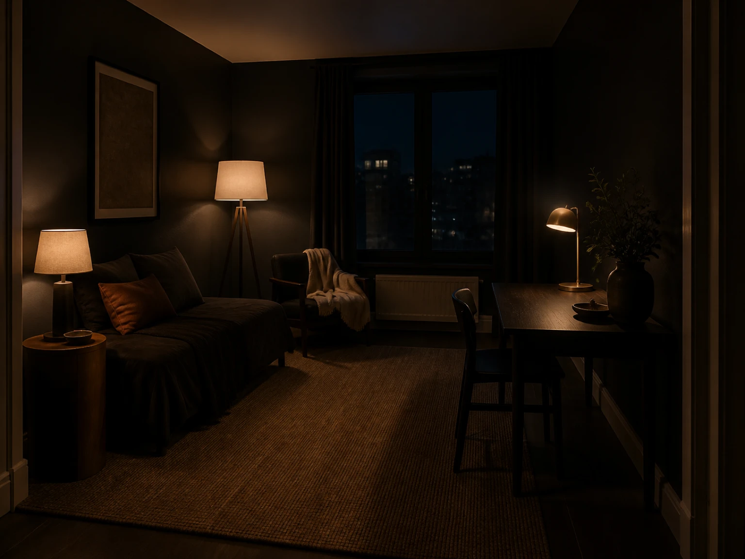 Finished dark rental room with warm table, desk, and floor lamps using clear connection routes