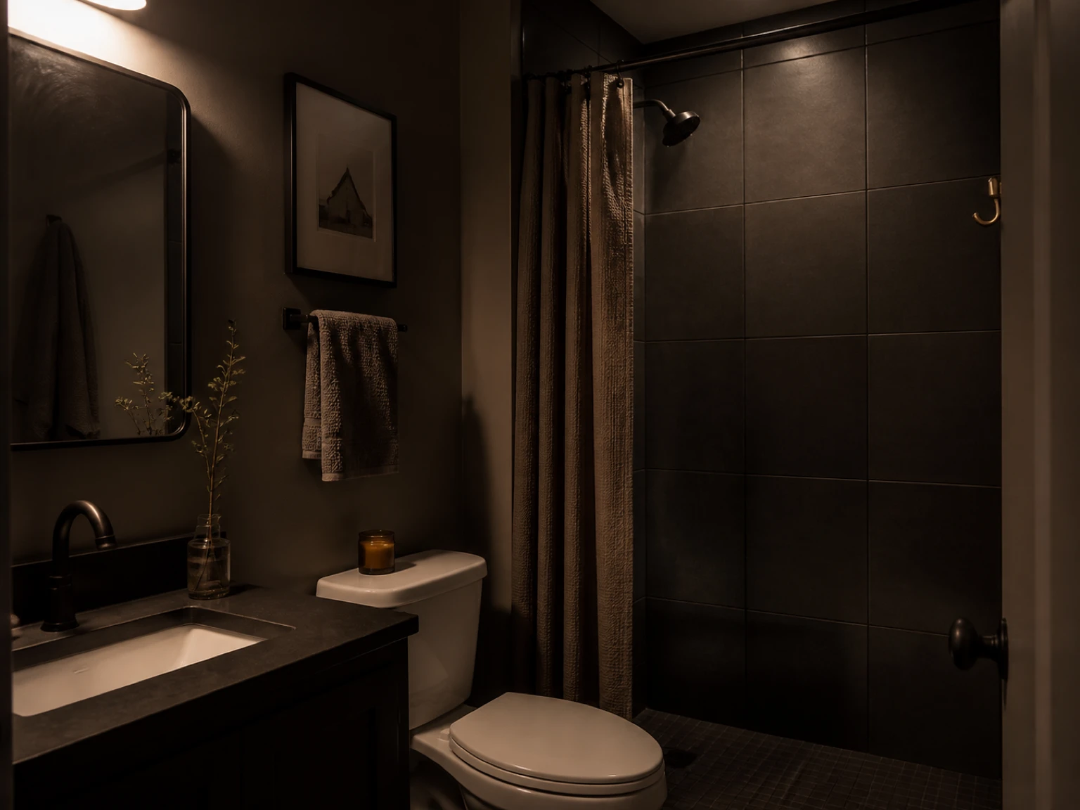Dark tiled rental shower with a simple replaceable showerhead and warm reflected light