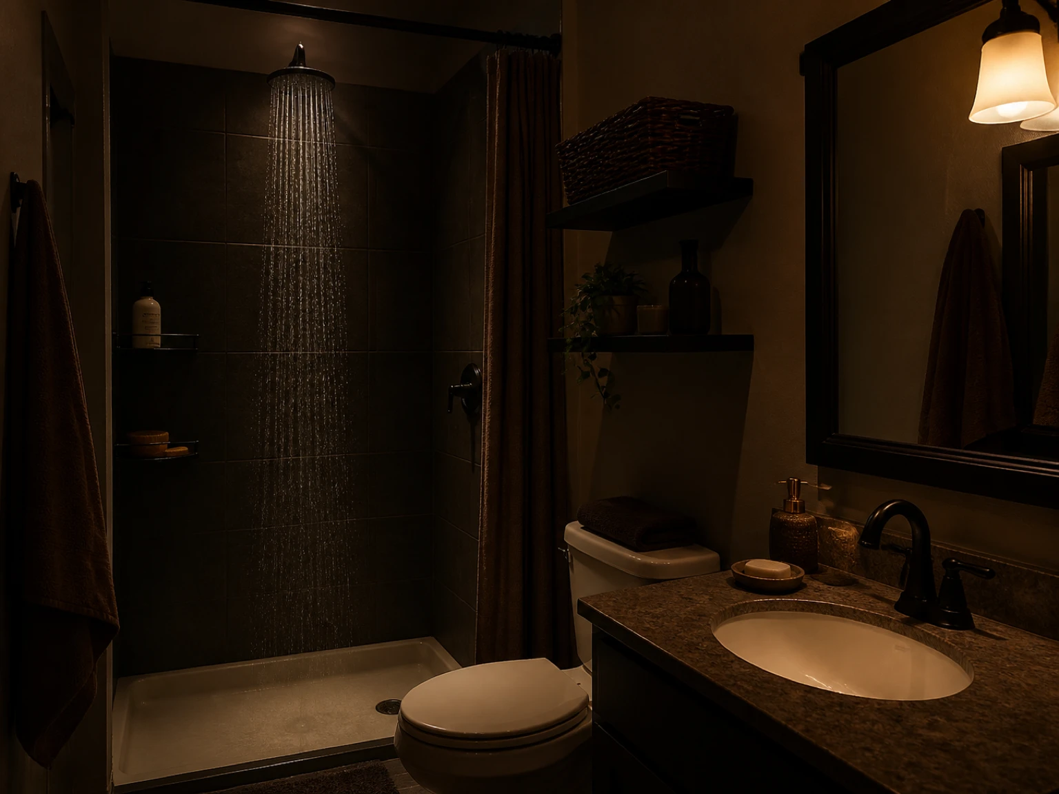 Even shower spray falling across dark tile from a compact round showerhead