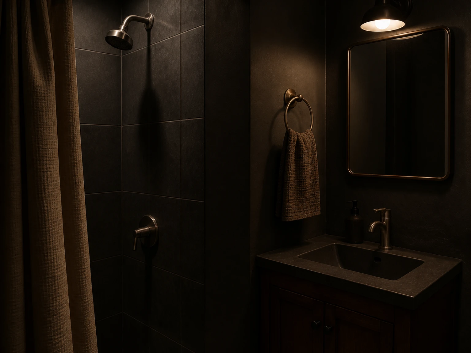 Compact showerhead and bathroom sink faucet shown in separate dark tiled areas with soft warm light