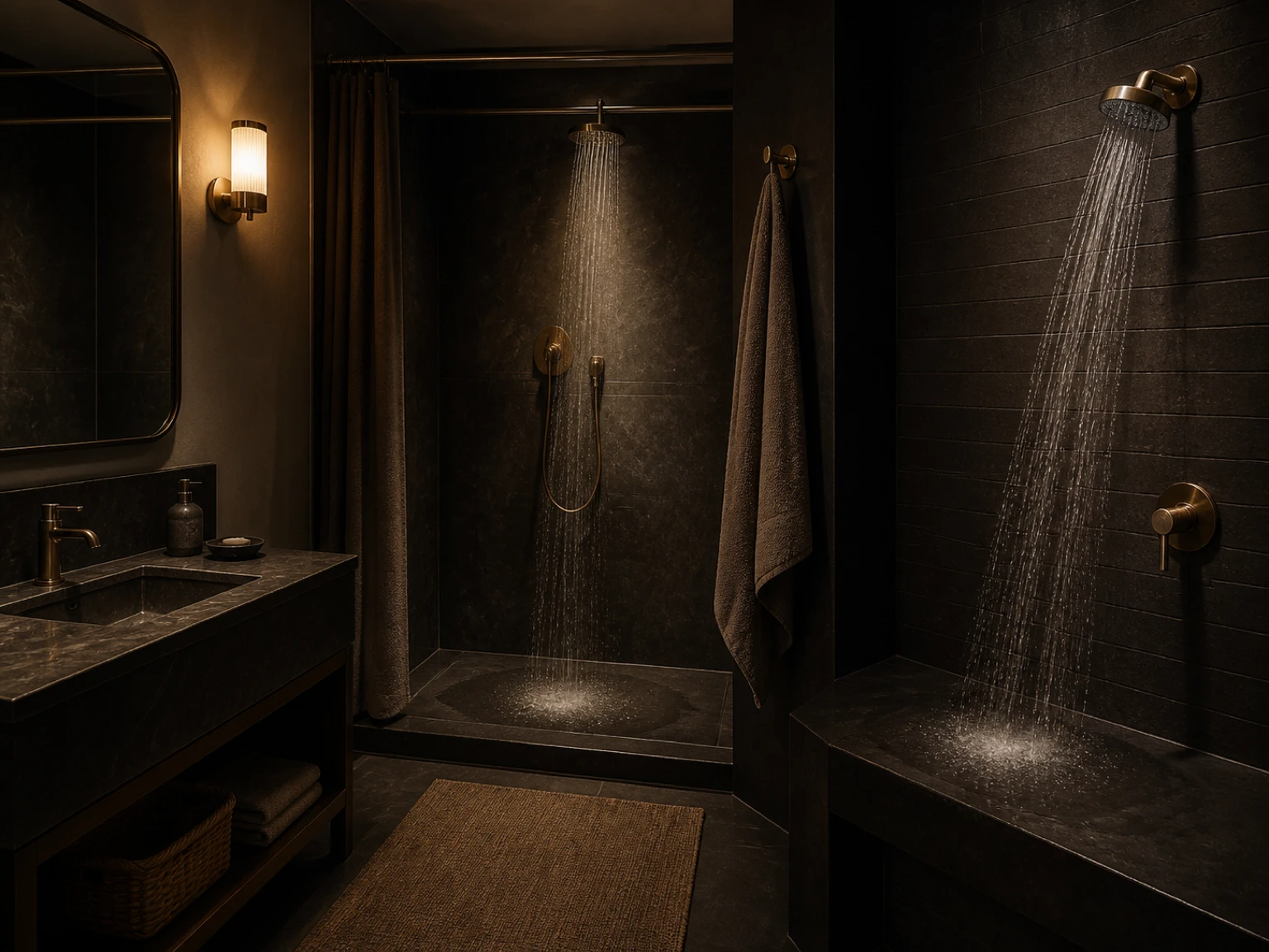 Two showerhead spray patterns falling onto separate dark stone surfaces under warm bathroom light