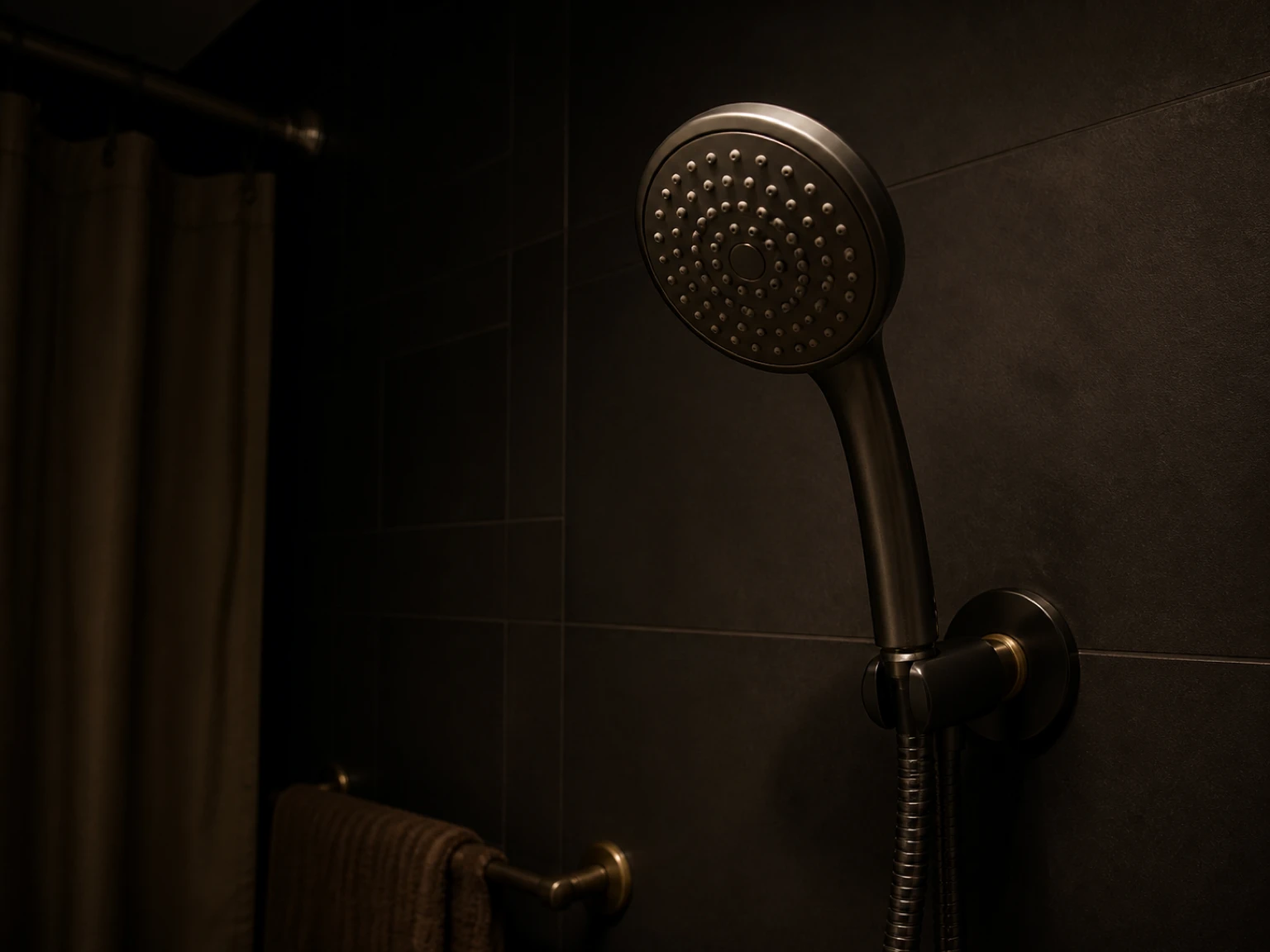 Close view of clean flexible showerhead nozzles against matte dark tile with no markings