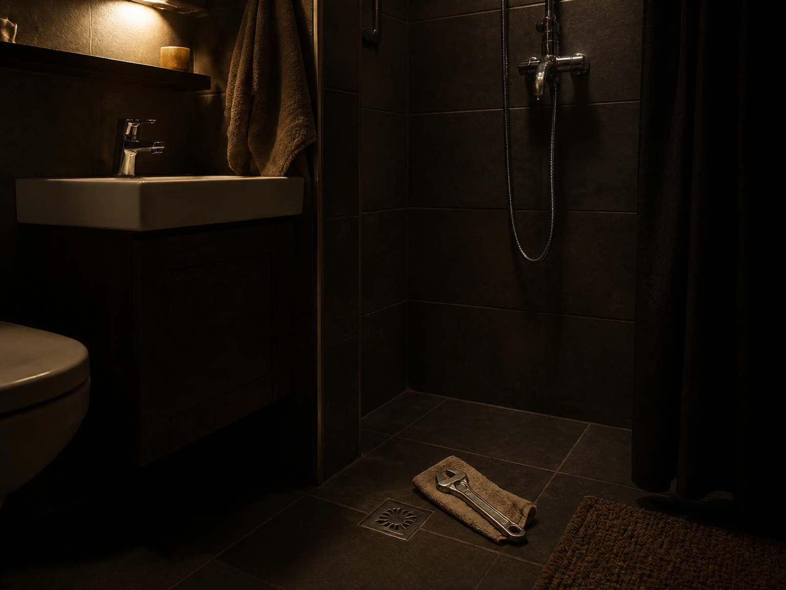 Cloth-wrapped wrench resting beside a chrome shower fitting on dark tile with no person present