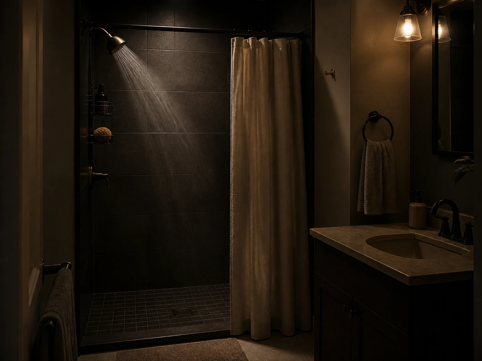Compact rental shower enclosure with an even spray reaching dark wall surfaces and a pale shower curtain