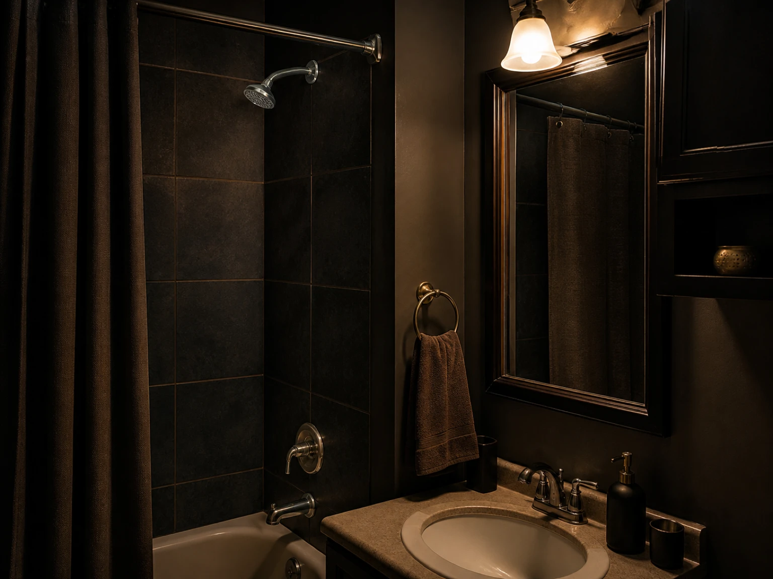 Original chrome showerhead restored on a clean fitting against dark rental bathroom tile