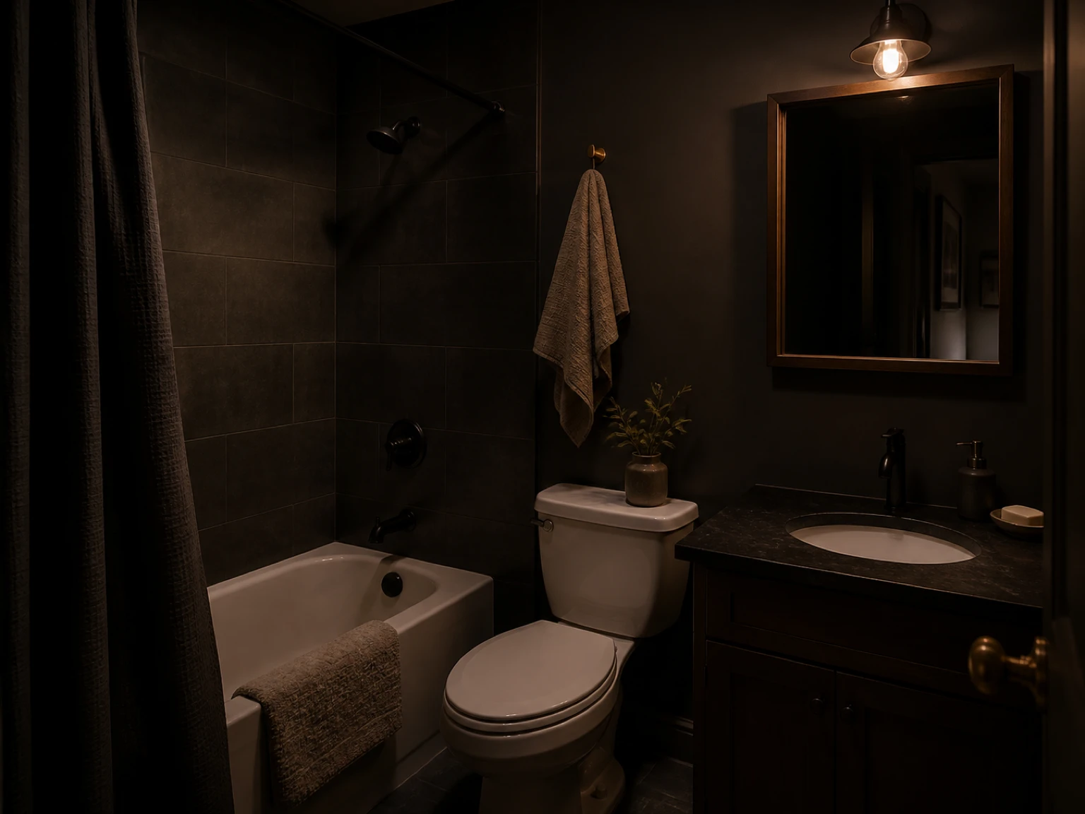 Finished dark rental bathroom with a clean shower fitting warm wall light and neatly arranged surfaces