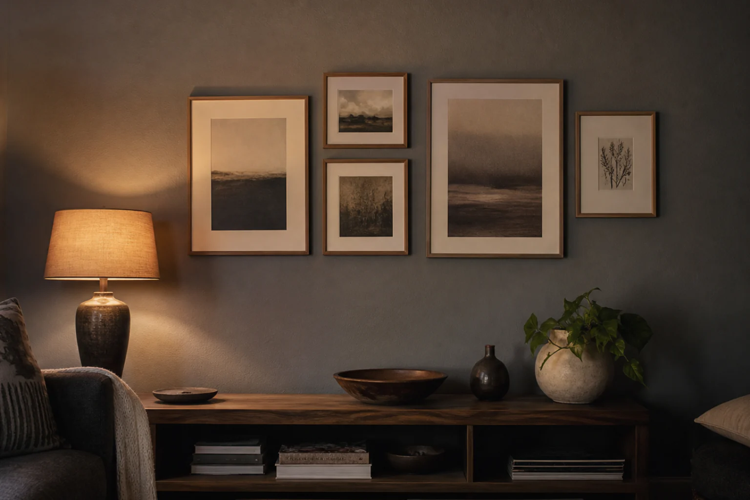 Framed art arranged on a dark rental wall with no visible nail holes