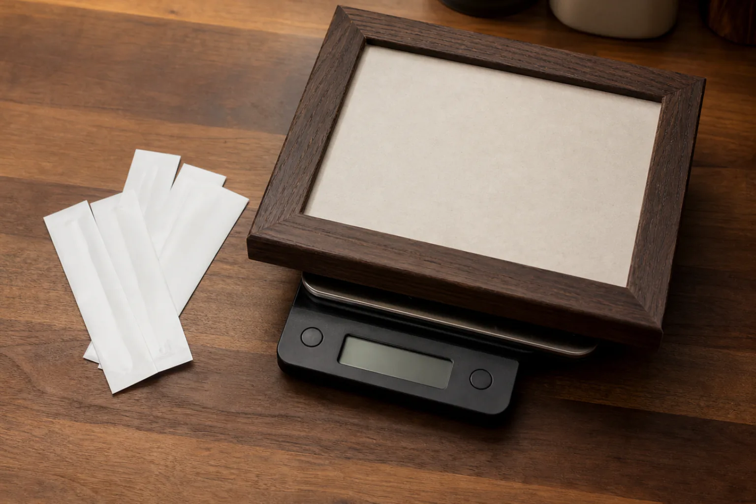 Picture frame resting on a small kitchen scale beside packs of adhesive strips